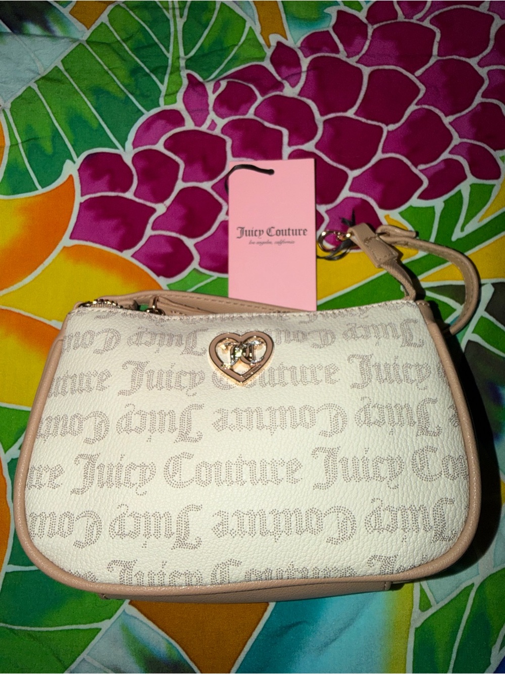 Juicy Couture Cream and Pink Logo Wristlet with Heart Charm